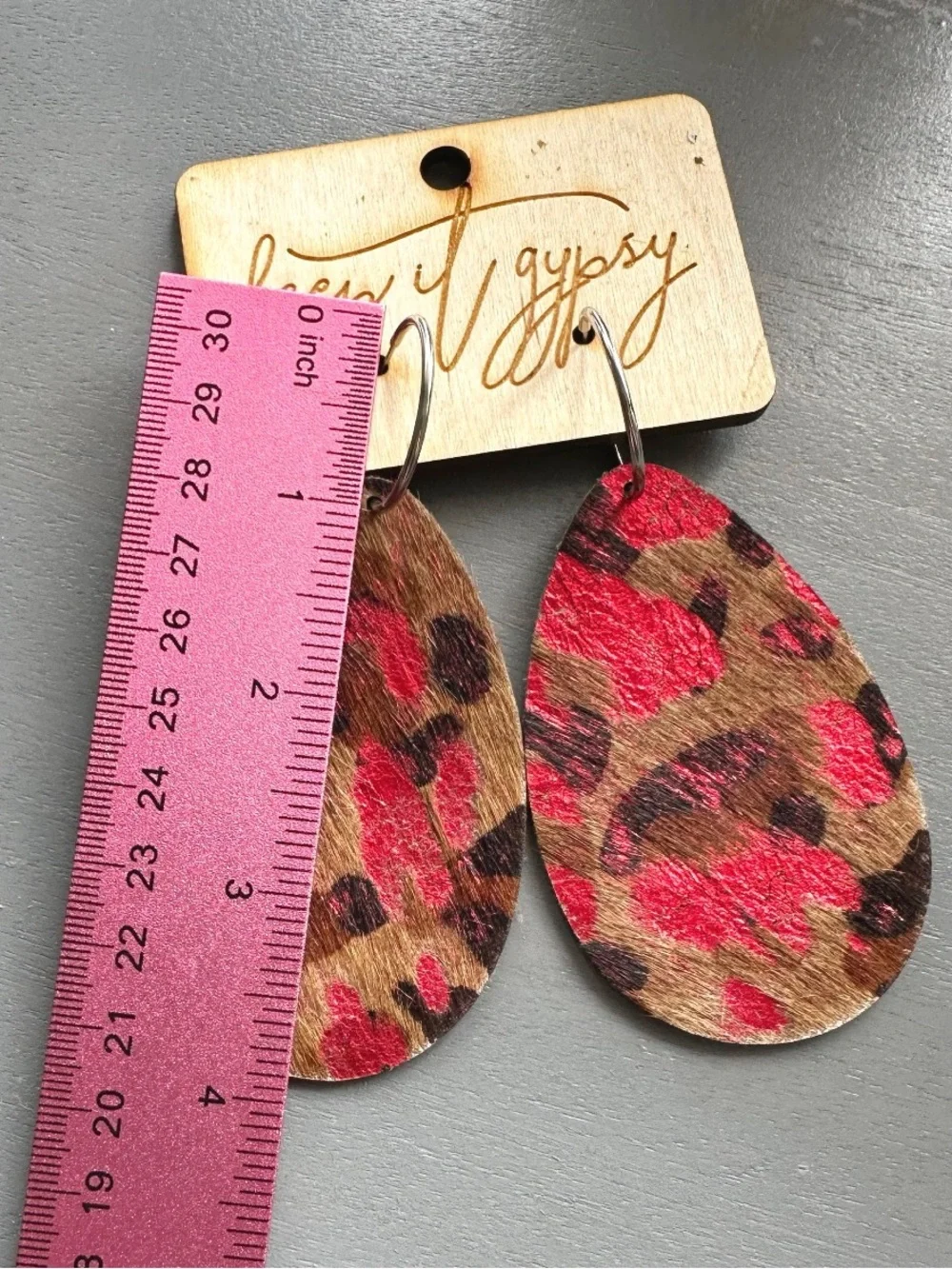 Keep it Gypsy Metallic Red Leopard Print Hair on Hide Leather Teardrop Shaped